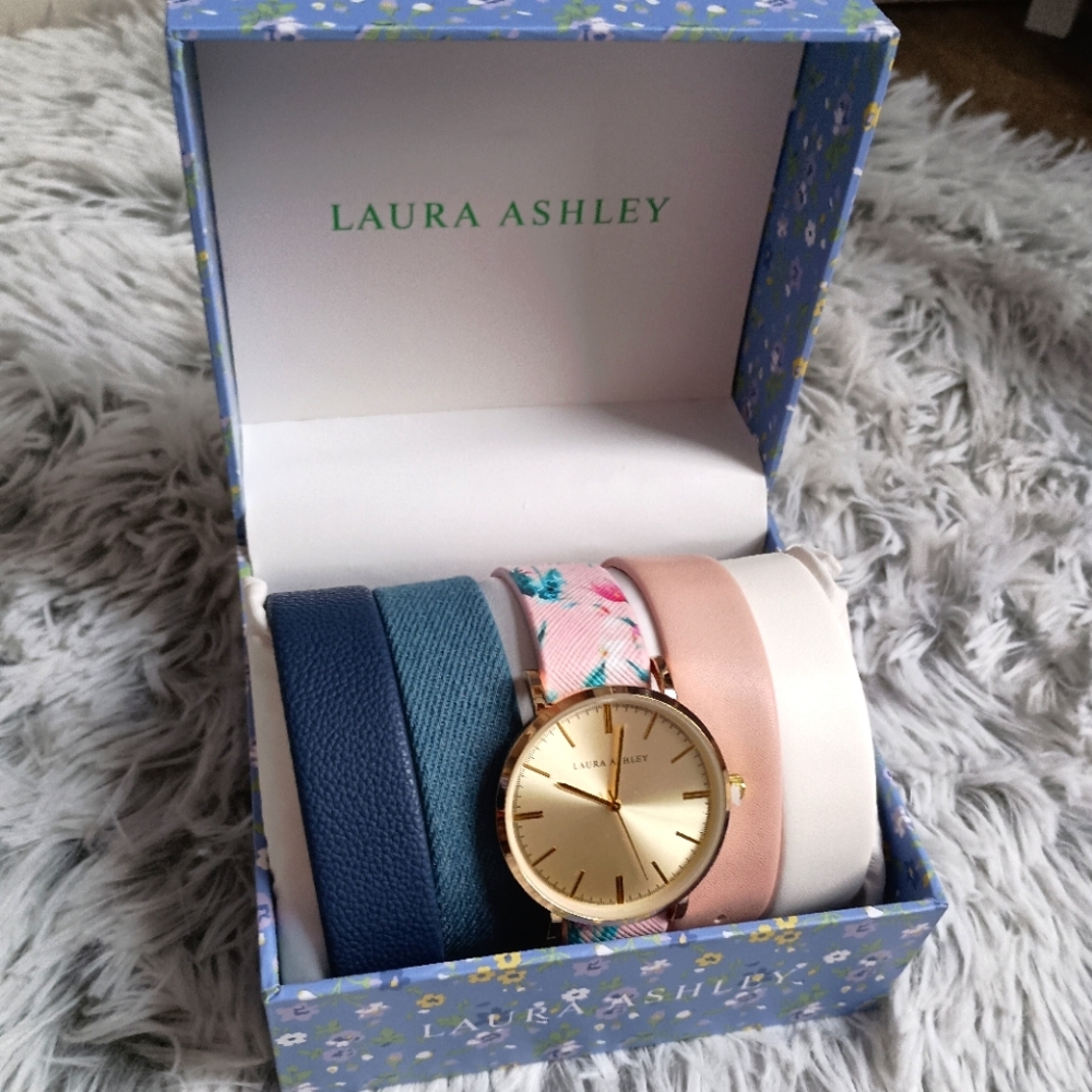 Laura Ashley Women's Watch Set with Interchangeable Bands, Gold Dial & Hands